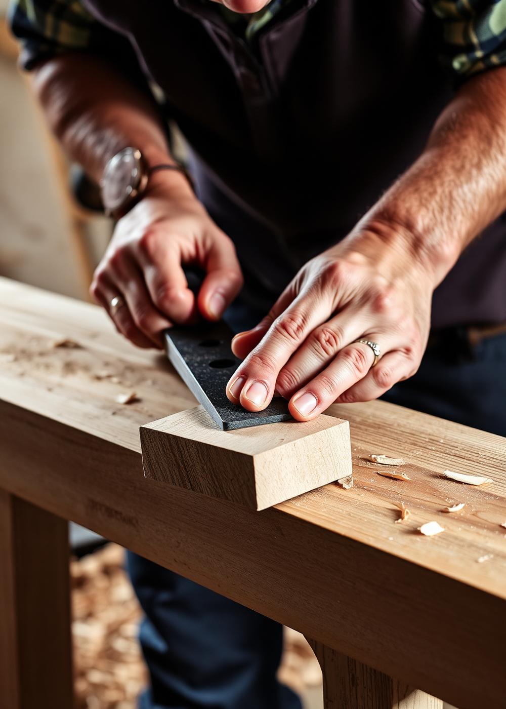 Schreinerhände an einem Holzbrett